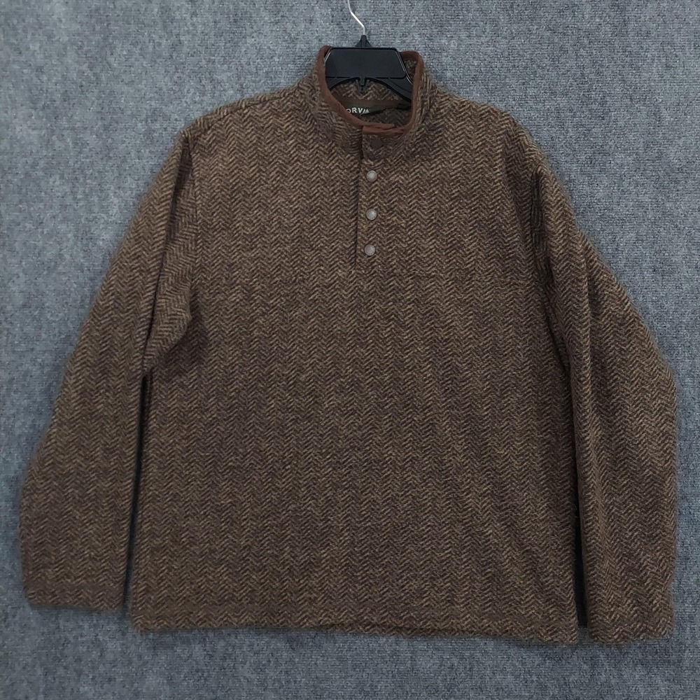 Orvis Sweater Mens Medium Brown Fleece Mock Neck Henley Herringbone Pullover